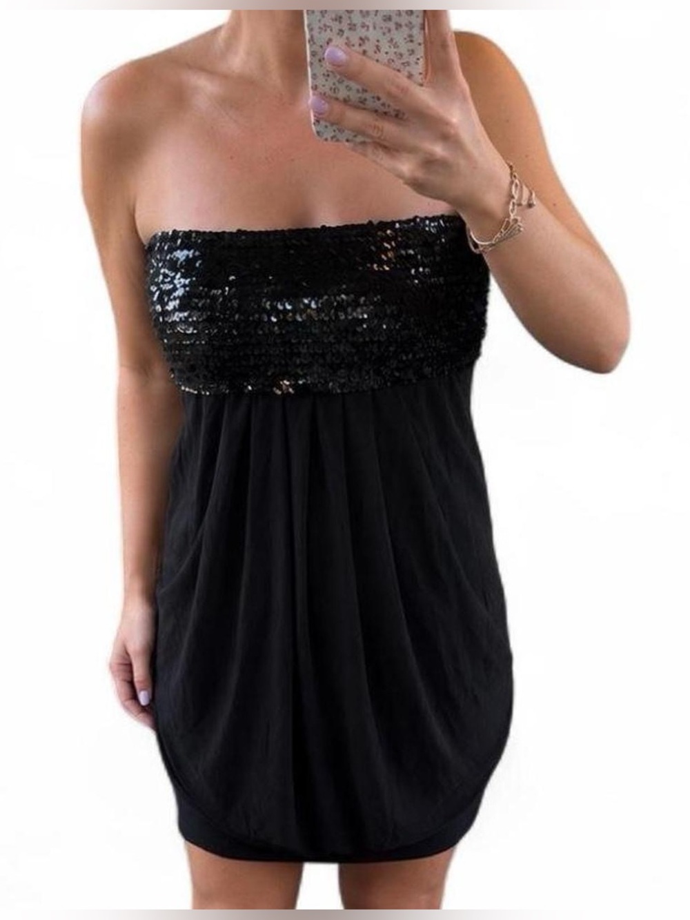 Y2K Windsor Black strapless sequins tube mini dress bubble hem-see meausurements